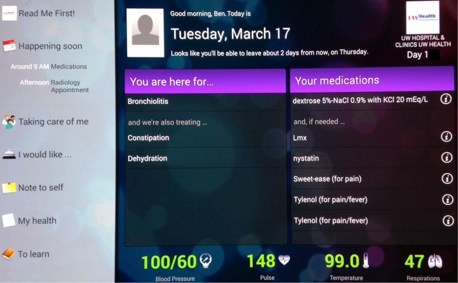 Above: A sample portal home screen from MyChart Bedside (© 2017 Epic Systems Corporation. Used with permission.)