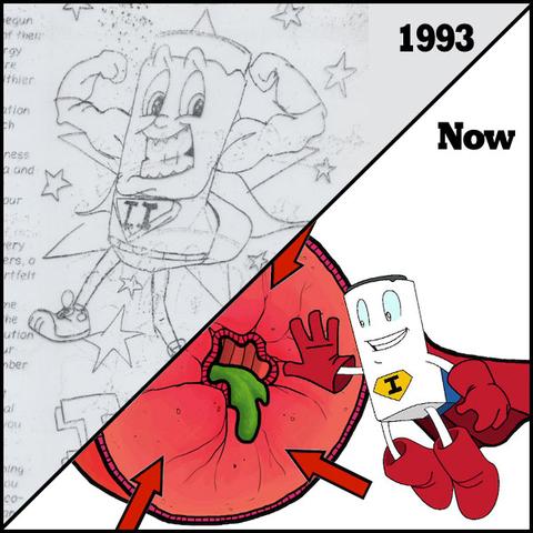 Above: Iggy the Inhaler in 1993 (drawn when Dr. Thomas was 12), and today. Dr. Thomas says the educational comic helps him balance his love of art with his medical practice.
