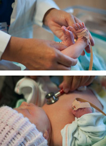 During the POX screen, Dr. Goetz places probes on a newborn’s foot and hand to measure oxygen saturation.